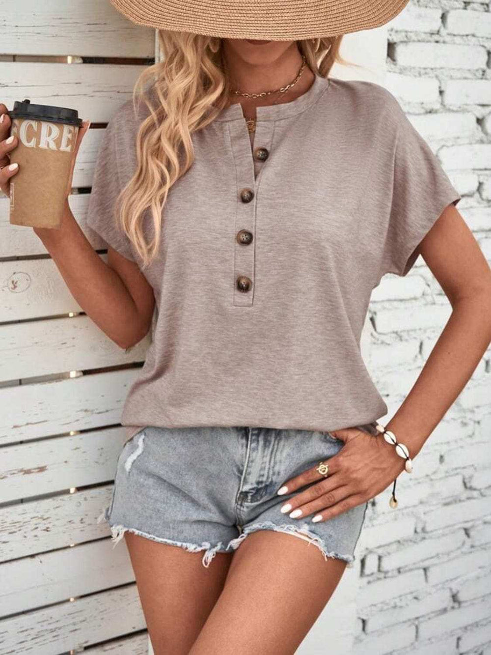 Half Button Short Sleeve Top - Trendsi - Flyclothing LLC