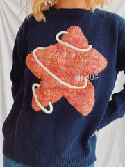 Contrast Star Round Neck Long Sleeve Sweater - Trendsi