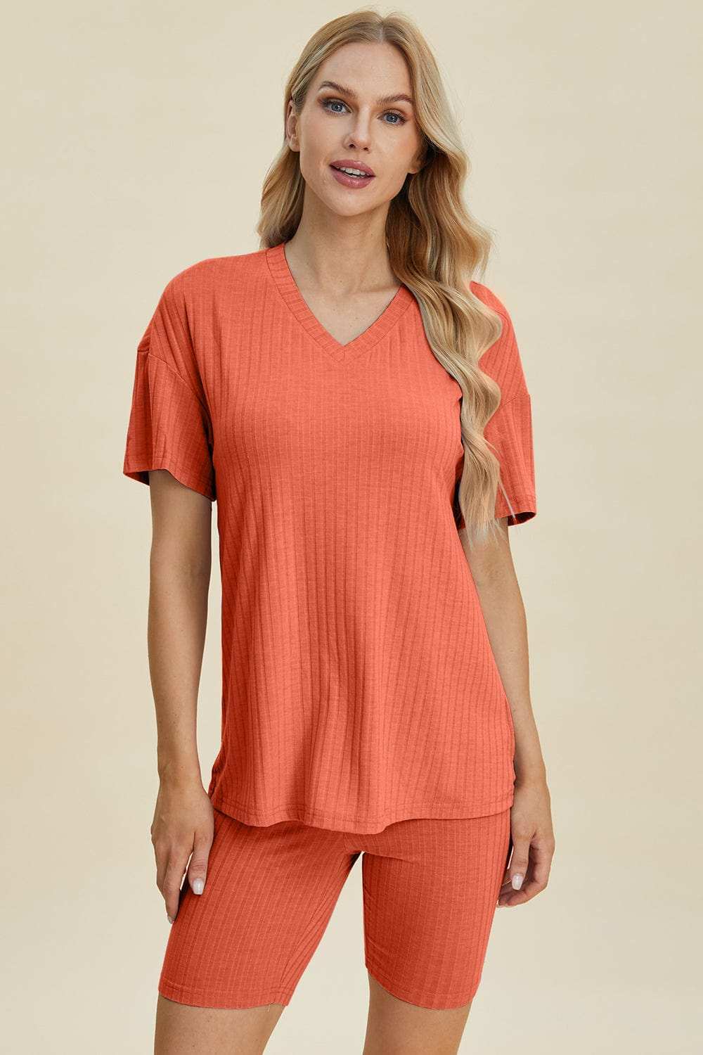Basic Bae Full Size Ribbed V-Neck Short Sleeve Top and Shorts Set - Trendsi - Flyclothing LLC