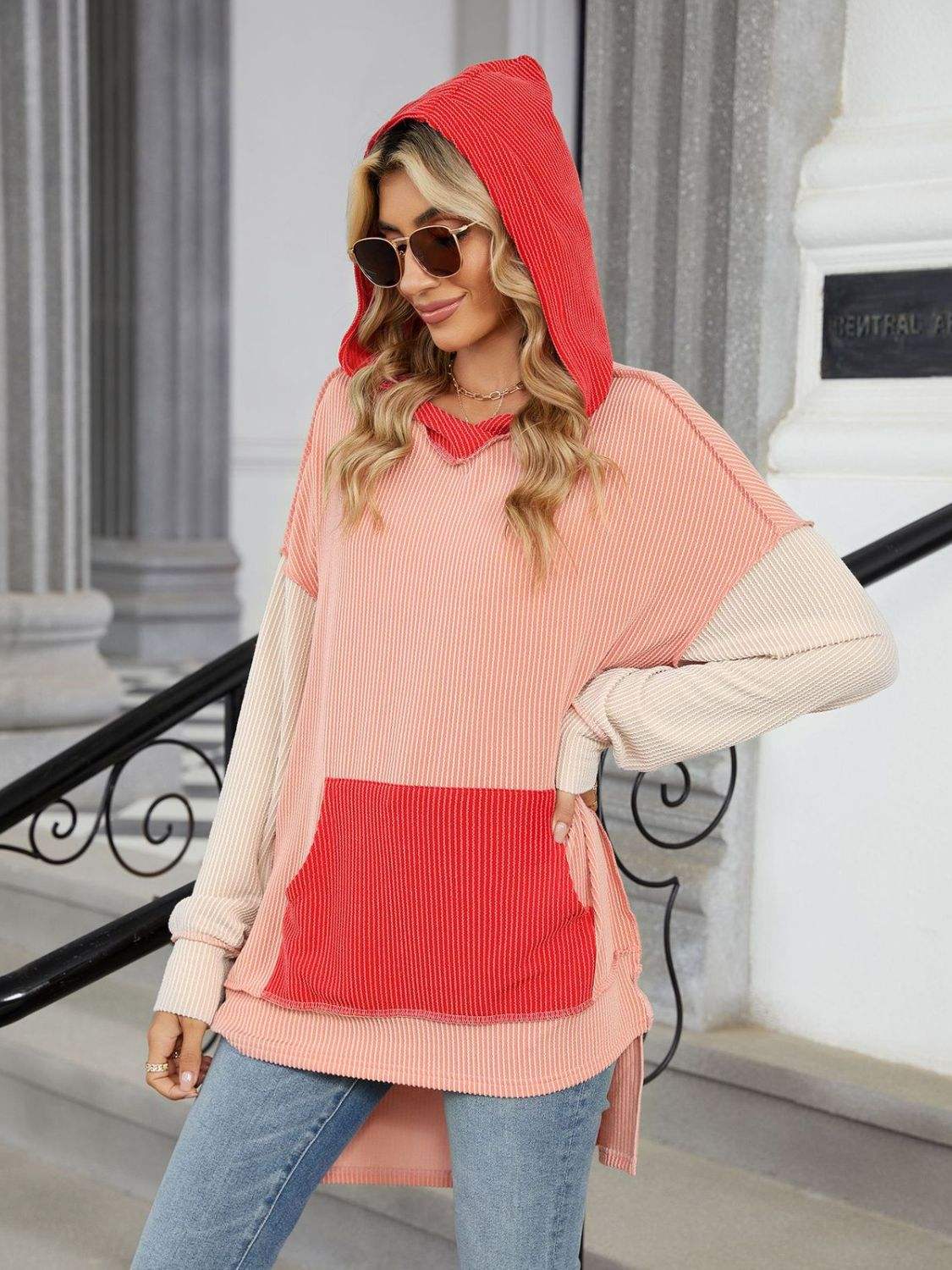 Double Take Contrast Hooded Long Sleeve Top - Trendsi - Flyclothing LLC