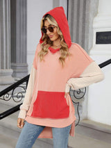 Double Take Contrast Hooded Long Sleeve Top - Trendsi - Flyclothing LLC