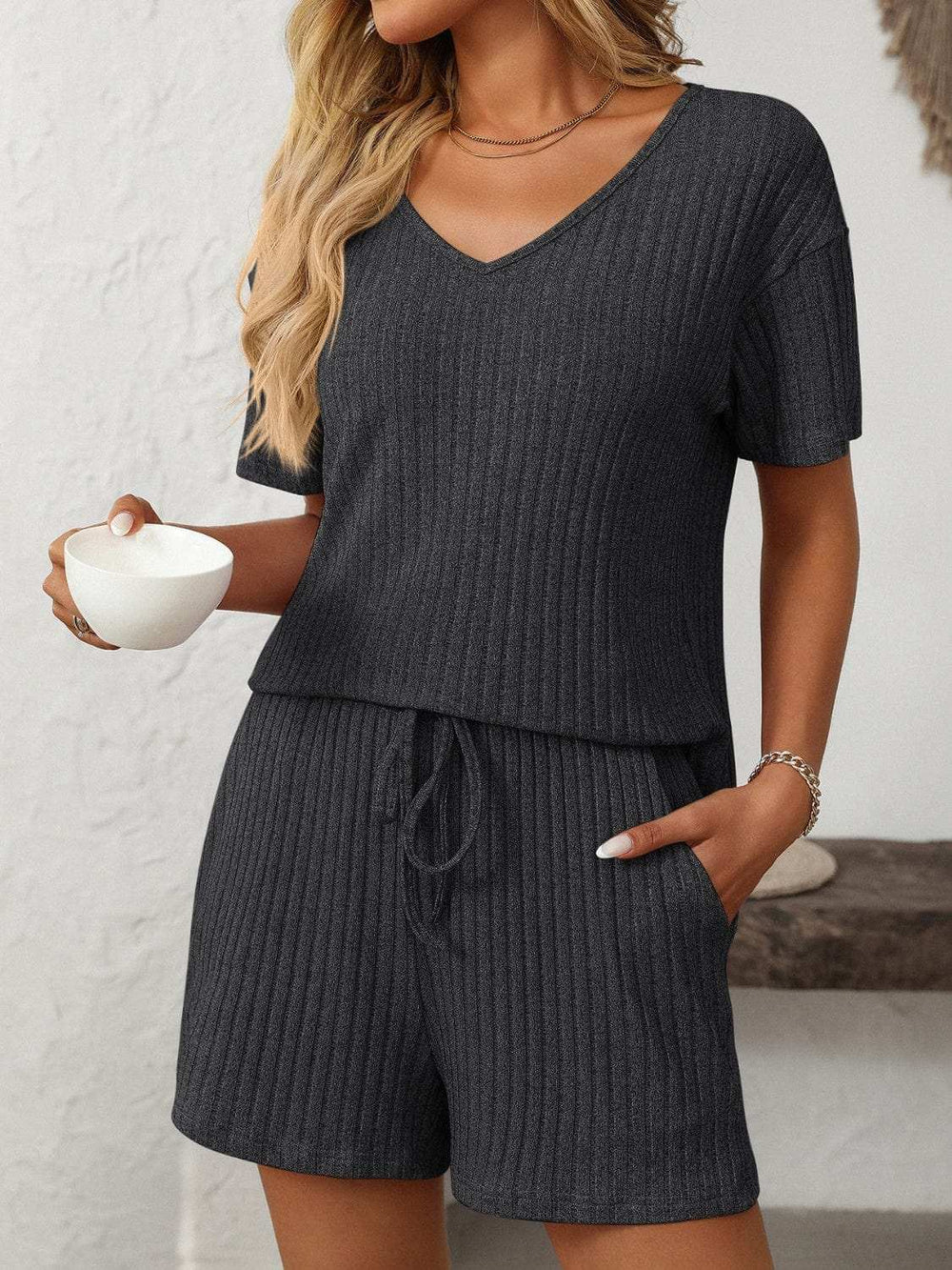 Mandy V-Neck Short Sleeve Top and Shorts Set - Trendsi - Flyclothing LLC