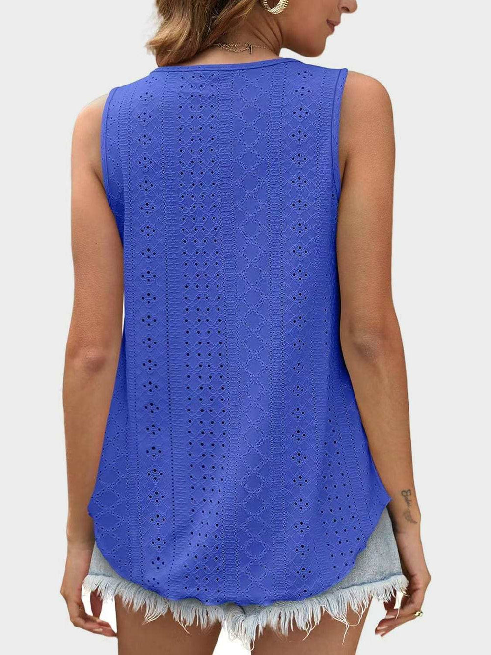 Florira Eyelet Round Neck Tank - Trendsi - Flyclothing LLC