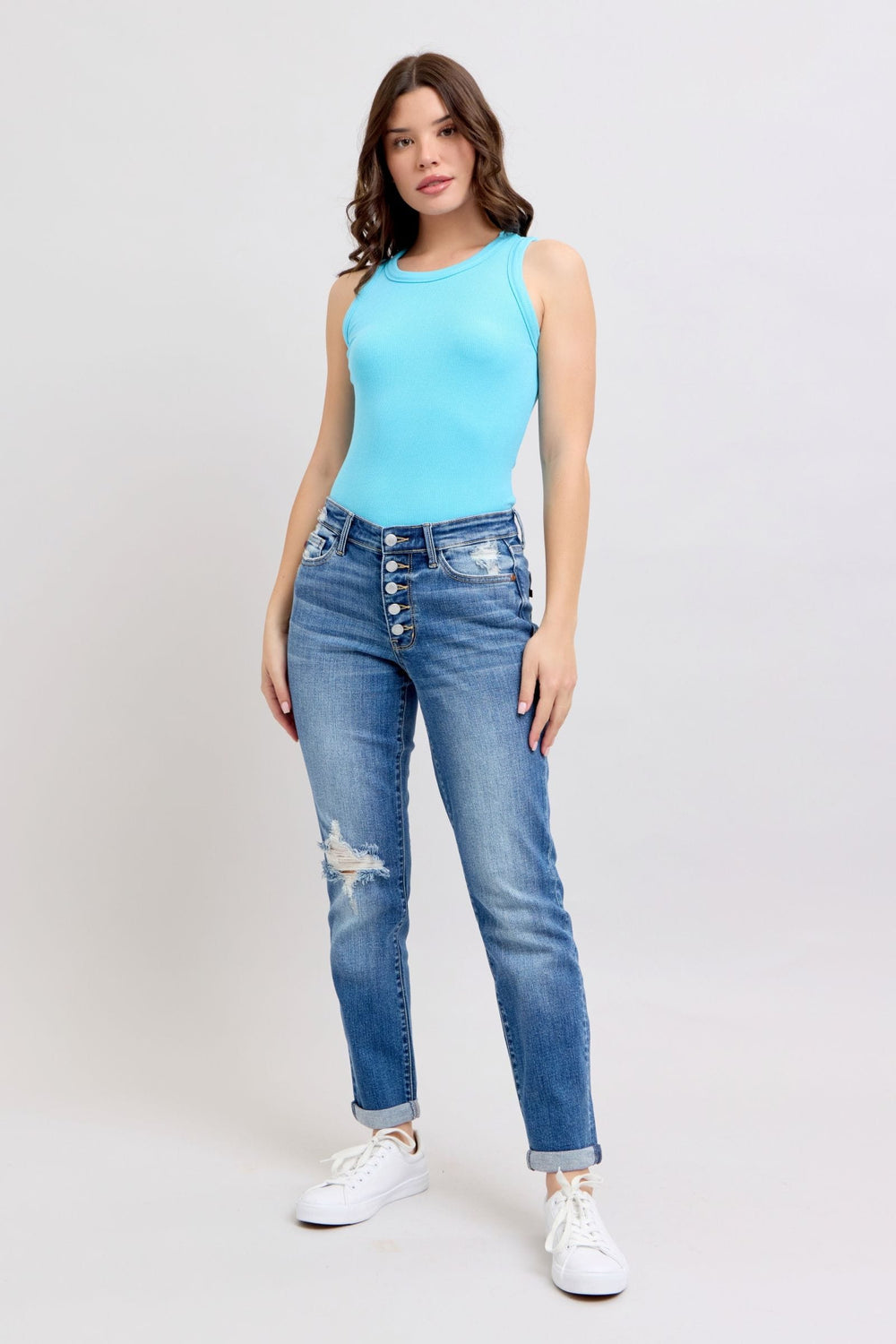 Judy Blue Full Size Button Fly Distressed Jeans with Pockets Plus Size - Trendsi