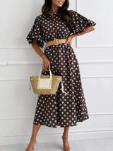 Polka Dot Puff Sleeve Midi Dress - Trendsi - Flyclothing LLC