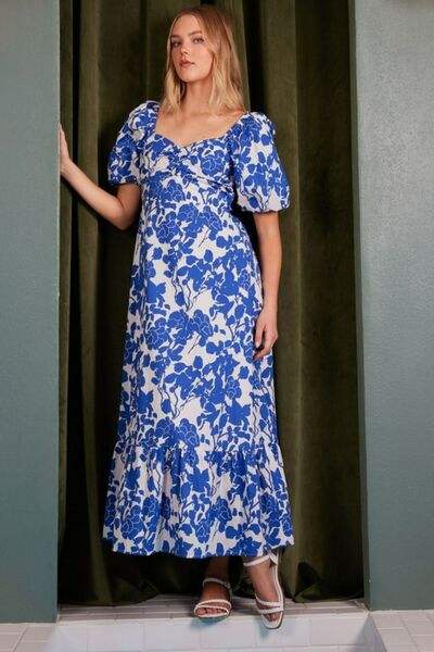 Mittoshop Cutout Back Floral Sweetheart Neck Puff Sleeve Dress - Trendsi - Flyclothing LLC
