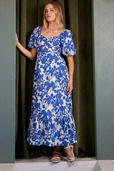 Mittoshop Cutout Back Floral Sweetheart Neck Puff Sleeve Dress - Trendsi - Flyclothing LLC