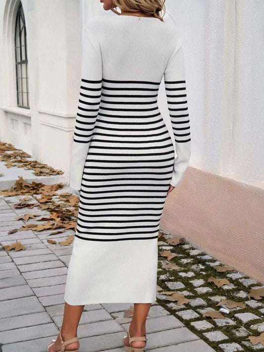 Striped V-Neck Long Sleeve Sweater Dress - Trendsi - Flyclothing LLC