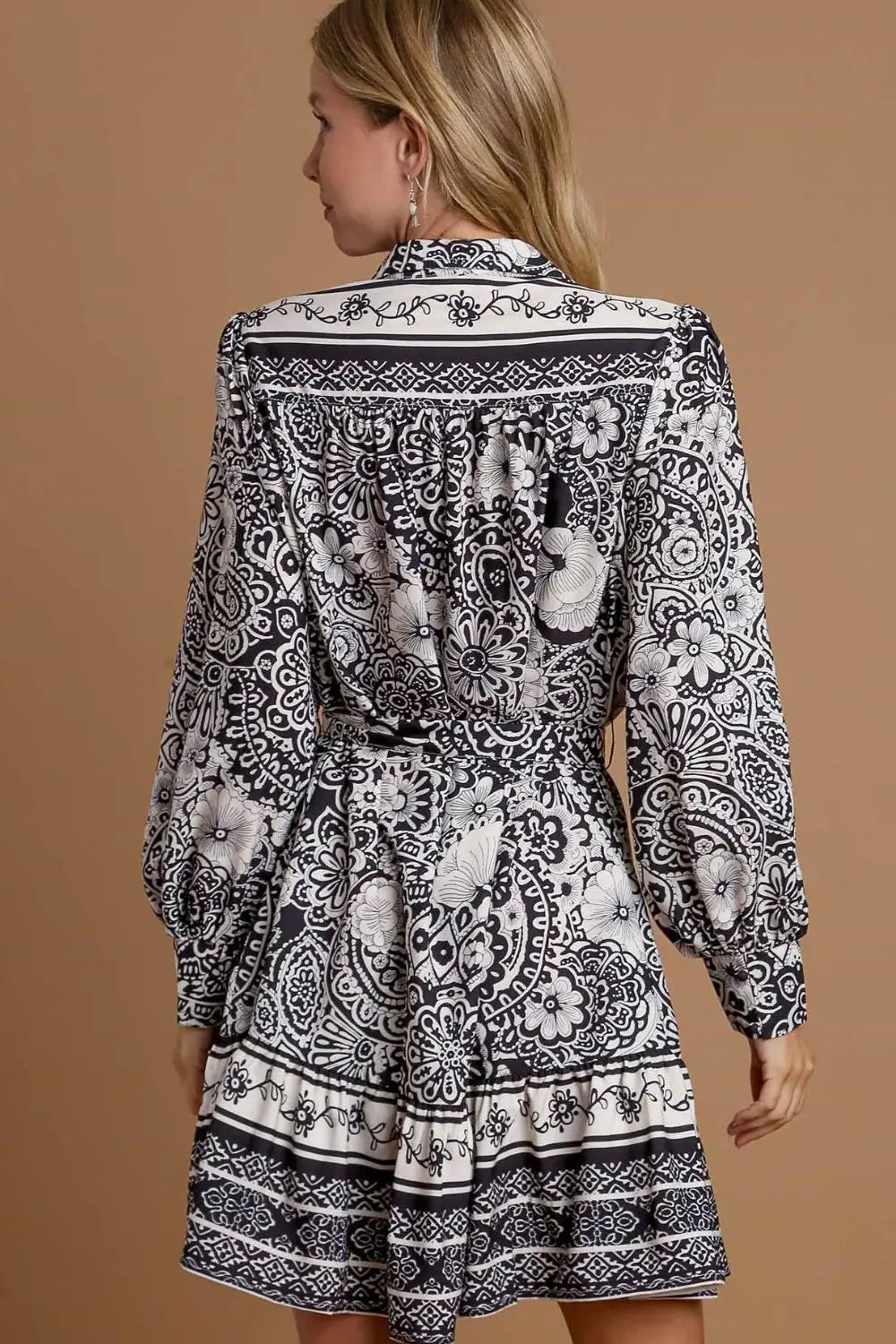 Umgee Full Size Two Tone Floral Border Print Tie Waist Mini Dress Plus Size - Trendsi - Flyclothing LLC