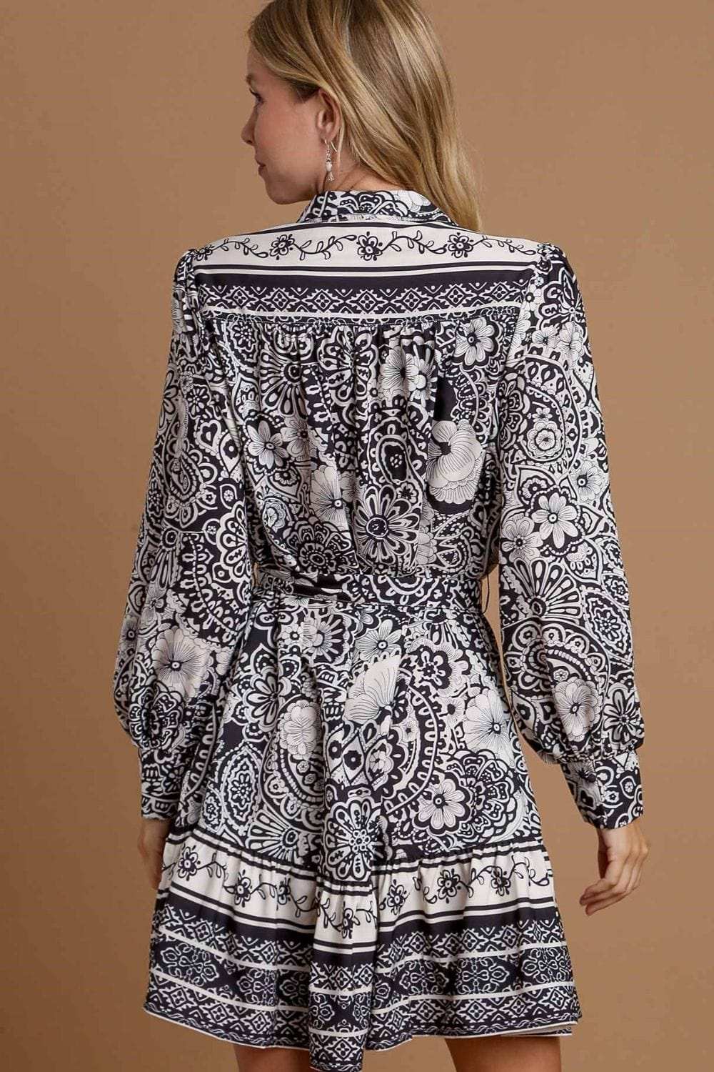 Umgee Full Size Two Tone Floral Border Print Tie Waist Mini Dress Plus Size - Trendsi - Flyclothing LLC