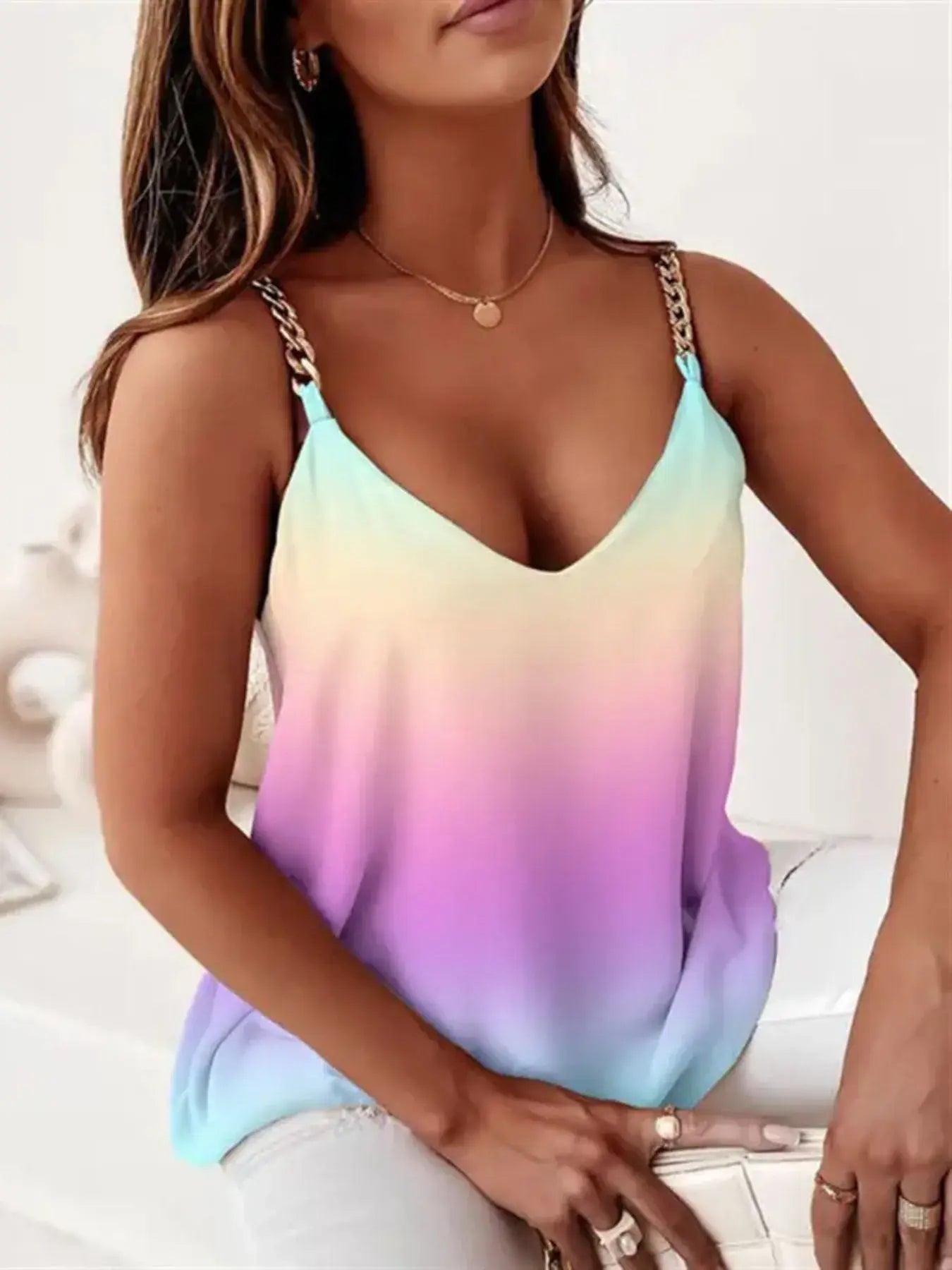 Chain Strap V-Neck Tank Top - Trendsi - Flyclothing LLC