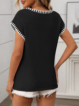 Contrast Trim V-Neck Short Sleeve Knit Top - Trendsi - Flyclothing LLC