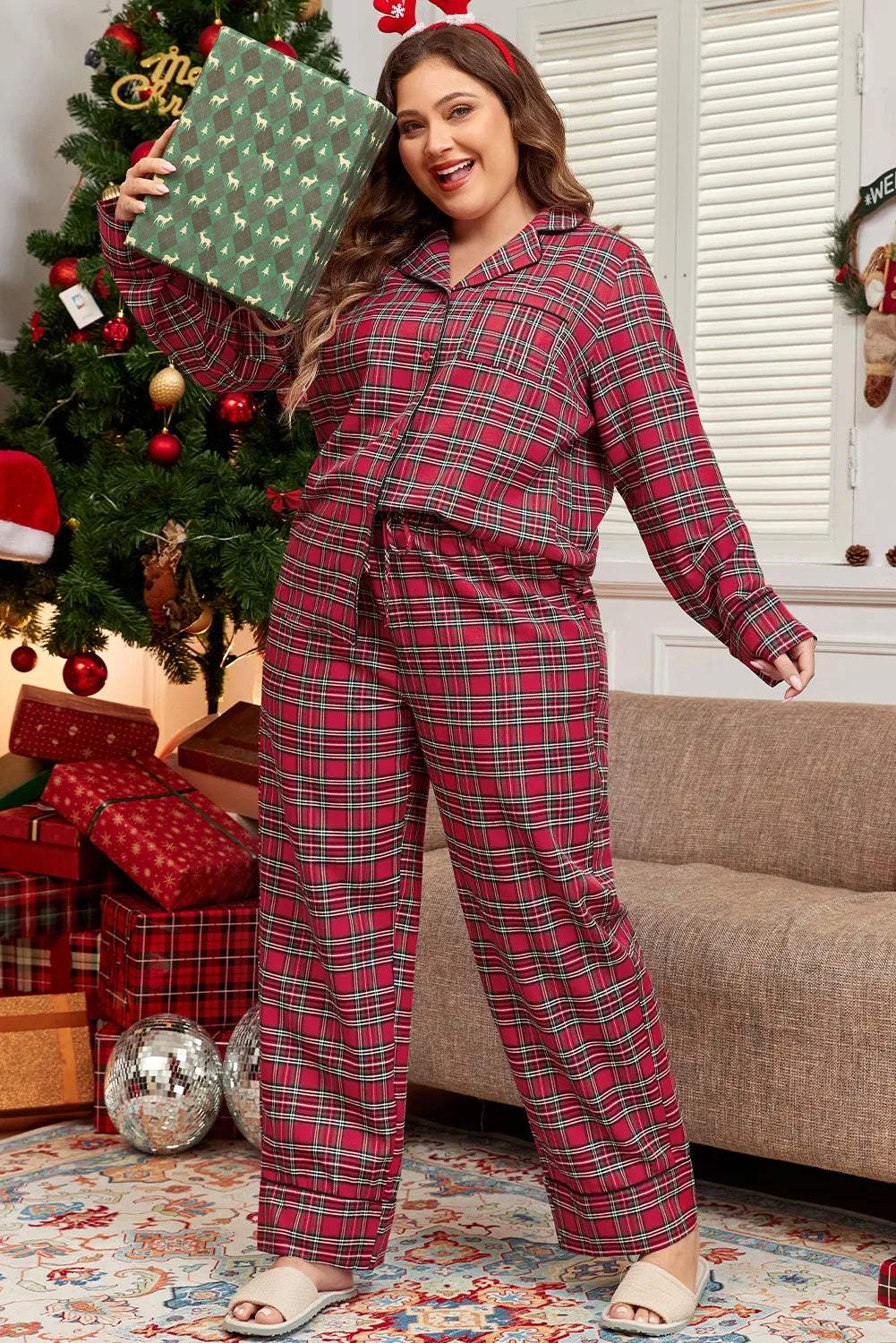 Plus Size Plaid Collared Neck Top and Pants Lounge Set - Trendsi - Flyclothing LLC