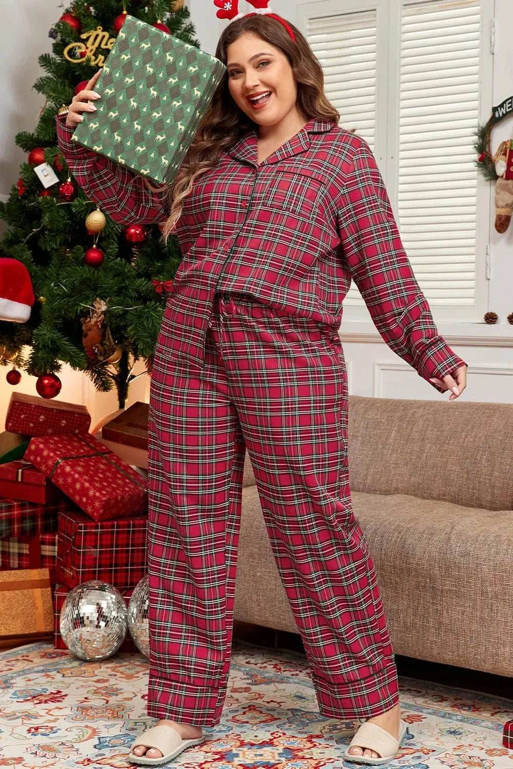 Plus Size Plaid Collared Neck Top and Pants Lounge Set - Trendsi - Flyclothing LLC