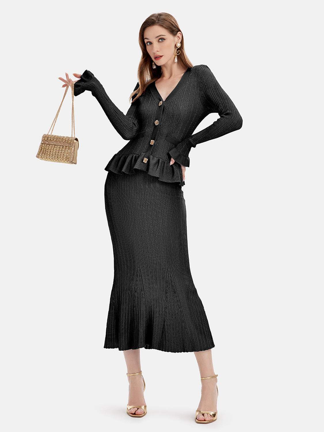 Ruffled V-Neck Top and Midi Skirt Sweater Set - Trendsi - Flyclothing LLC