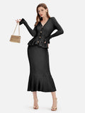 Ruffled V-Neck Top and Midi Skirt Sweater Set - Trendsi - Flyclothing LLC