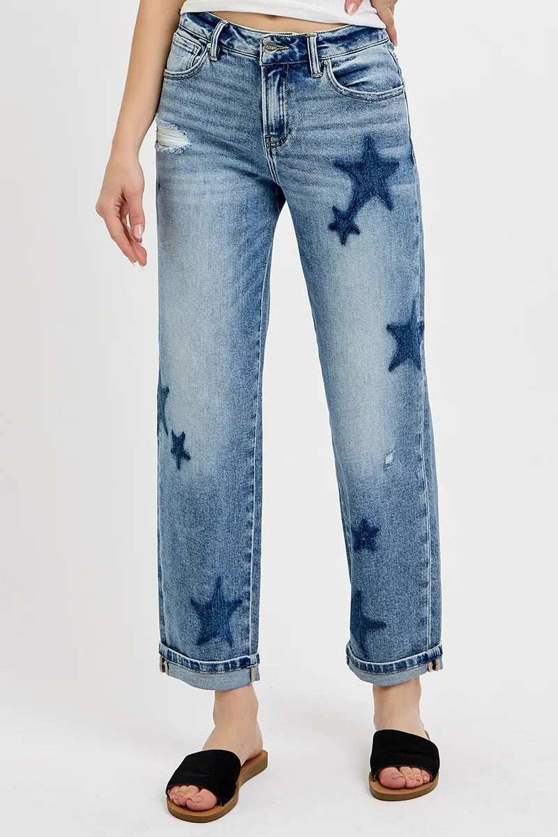 RISEN Full Size Mid Rise Boyfriend Star Shadow Detail Cuffed Jeans Plus Size - Trendsi - Flyclothing LLC