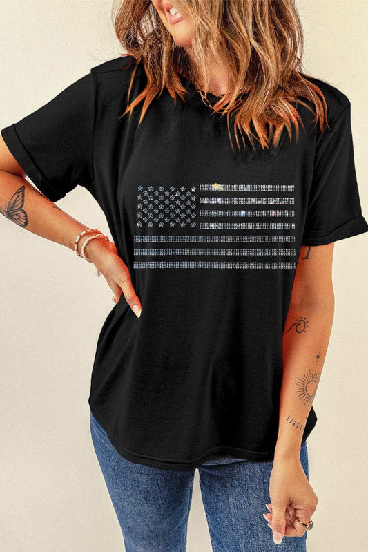 Rhinestone US Flag Round Neck Short Sleeve T-Shirt - Trendsi - Flyclothing LLC