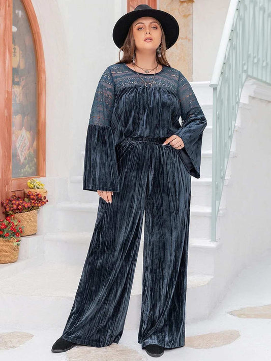 Plus Size Round Neck Flare Sleeve Top and Pants Set - Trendsi - Flyclothing LLC