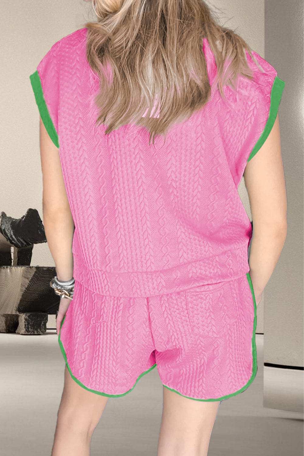 Contrast Trim Round Neck Top and Shorts Set - Trendsi - Flyclothing LLC