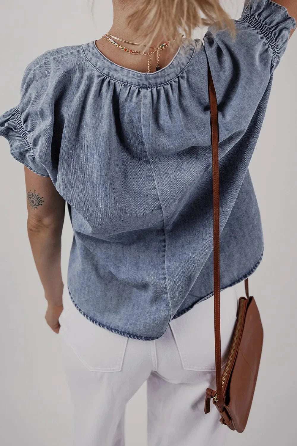 V Neck Ruffled Short Puff Sleeve Denim Top - Trendsi - Flyclothing LLC