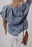 V Neck Ruffled Short Puff Sleeve Denim Top - Trendsi