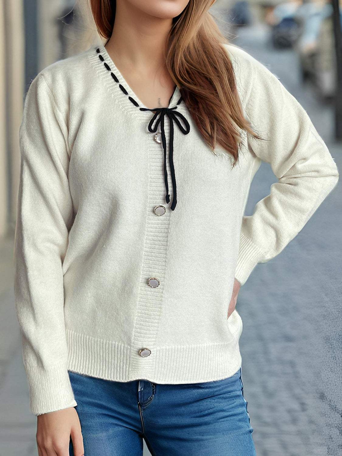 Tied V-Neck Long Sleeve Sweater - Trendsi - Flyclothing LLC