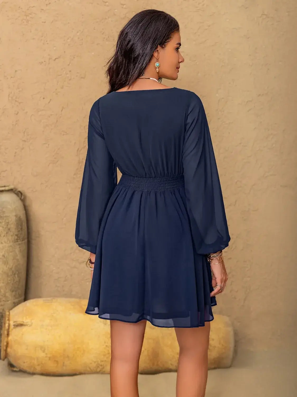 Lace Detail V-Neck Balloon Sleeve Mini Dress - Trendsi - Flyclothing LLC
