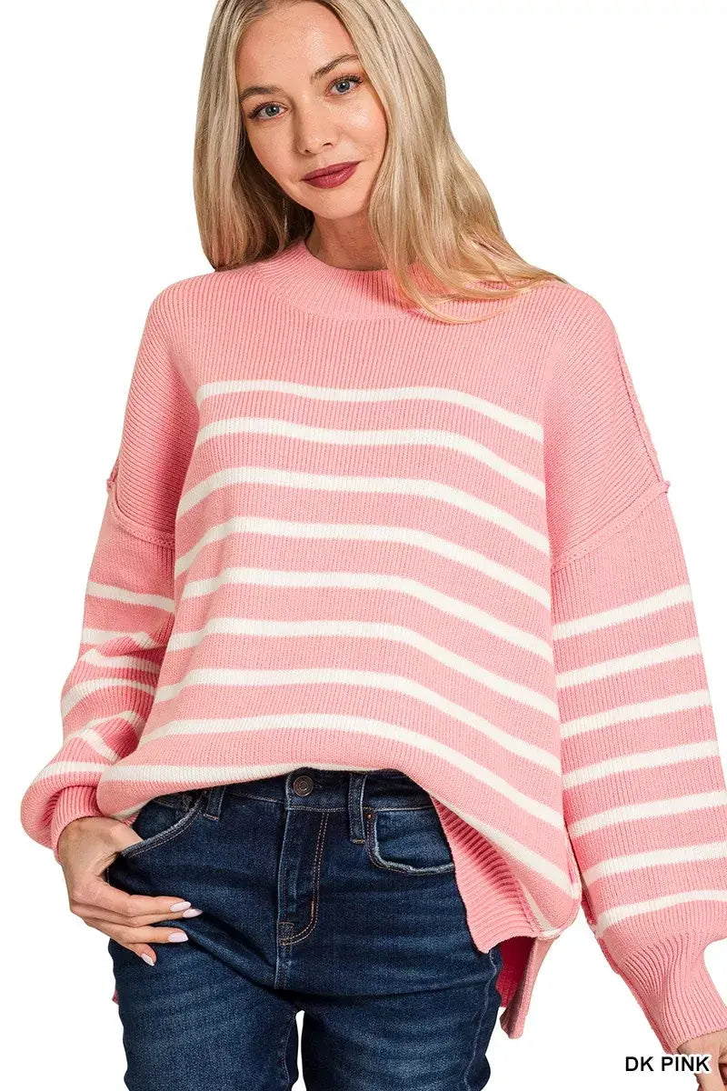 Zenana Exposed Seam Striped Oversized Sweater - Trendsi - Flyclothing LLC