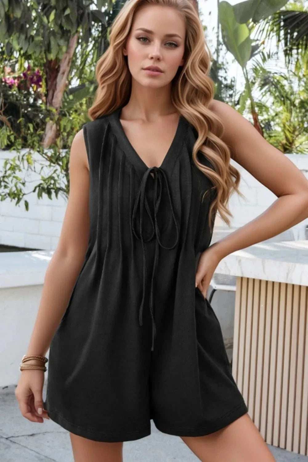 Tie V Neck Pintuck Sleeveless Loose Romper - Trendsi - Flyclothing LLC