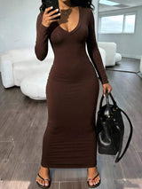 Long Sleeve V-Neck Ruched Maxi Dress - Trendsi - Flyclothing LLC
