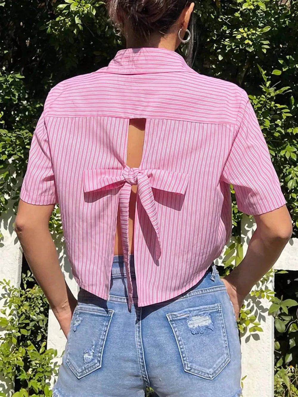 Bow Back Striped Short Sleeve Shirt - Trendsi