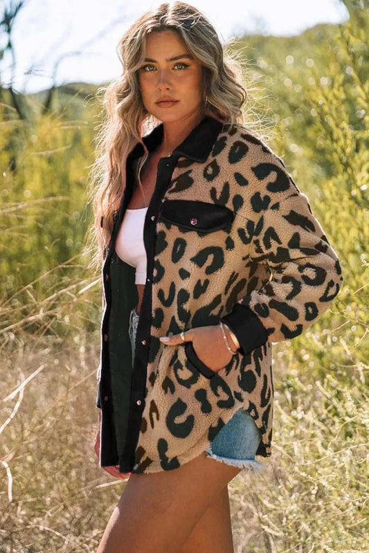 Leopard Button Up Long Sleeve Jacket - Trendsi - Flyclothing LLC