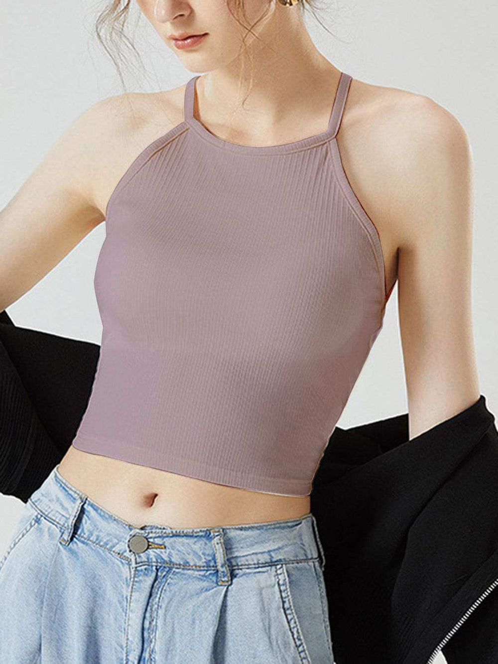 Grecian Neck Cropped Tank with Chest Pads - Trendsi - Flyclothing LLC