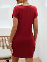 Notched Short Sleeve Mini Tee Dress - Trendsi - Flyclothing LLC
