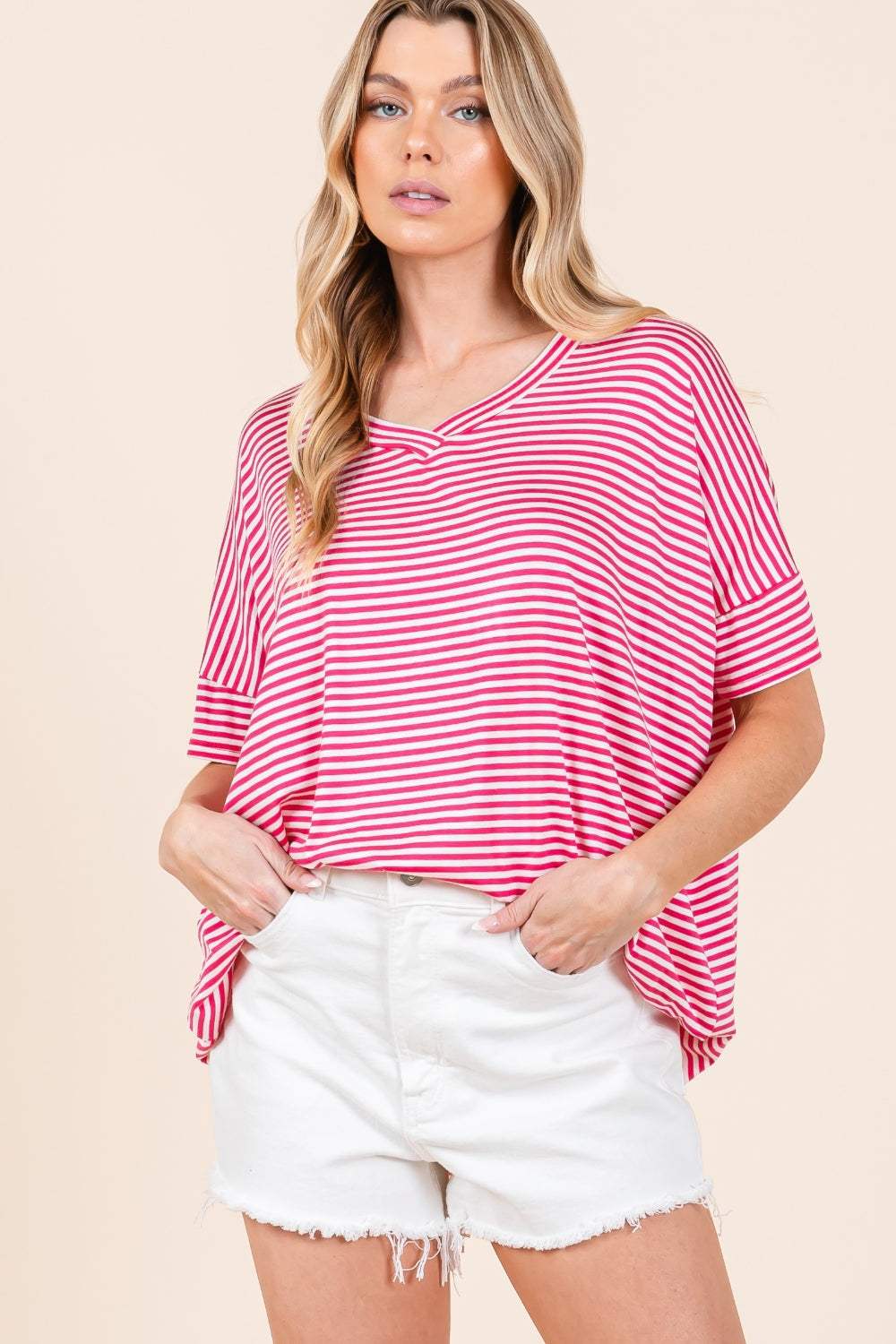BOMBOM Striped V-Neck T-Shirt - Trendsi - Flyclothing LLC