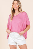 BOMBOM Striped V-Neck T-Shirt - Trendsi