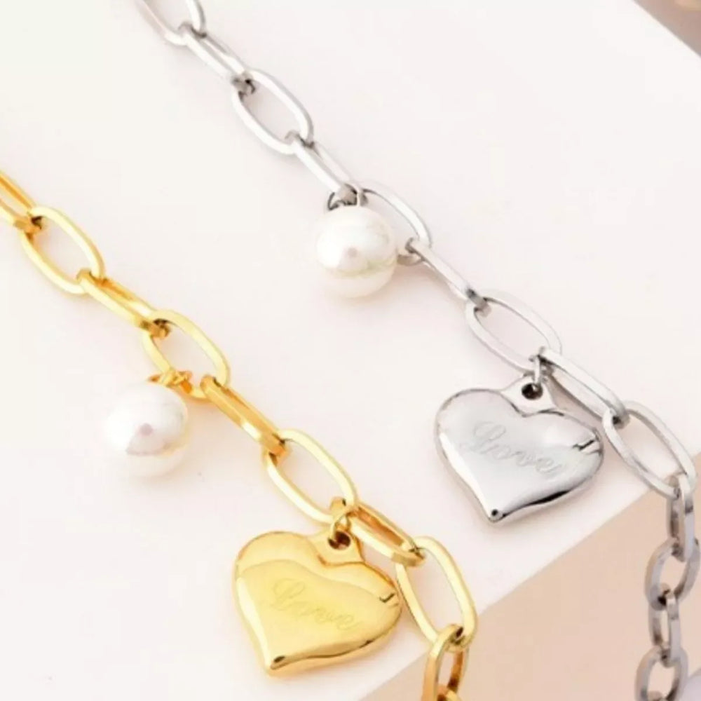 Heart Charm Pearl Accent Chain Bracelet - Trendsi - Flyclothing LLC