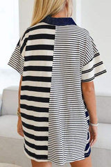 Button Detail Striped Short Sleeve Mini Dress - Trendsi - Flyclothing LLC
