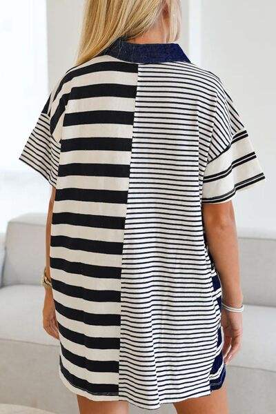 Button Detail Striped Short Sleeve Mini Dress - Trendsi - Flyclothing LLC