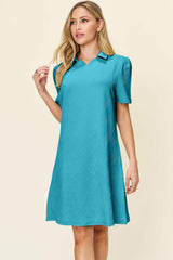 Double Take Full Size Texture Collared Neck Short Sleeve Dress - Trendsi - Flyclothing LLC