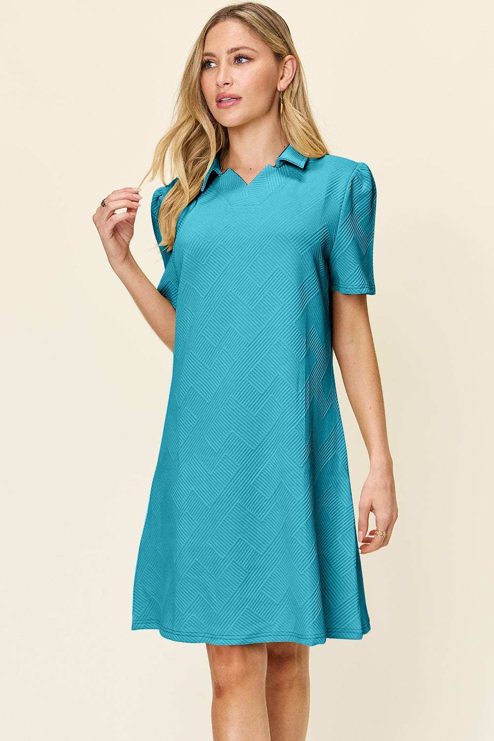 Double Take Full Size Texture Collared Neck Short Sleeve Dress - Trendsi - Flyclothing LLC