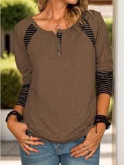 Full Size Striped Quarter Button Long Sleeve T-Shirt - Trendsi