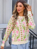 Flower Round Neck Long Sleeve Sweater - Trendsi