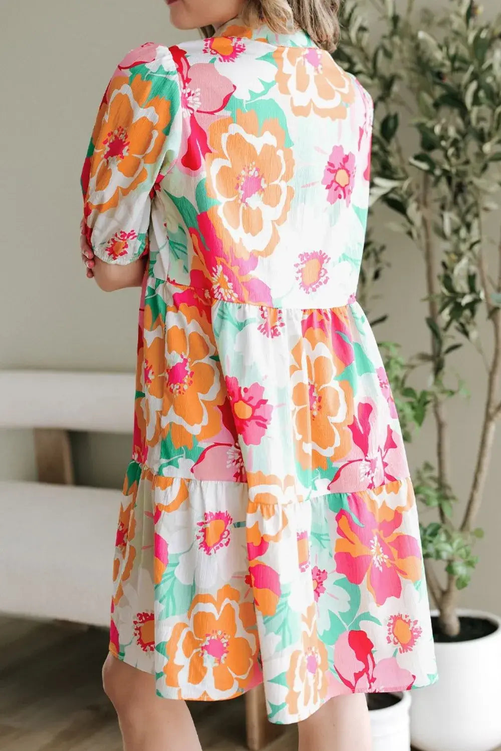 Button Down Floral Puff Sleeve Babydoll Dress - Trendsi - Flyclothing LLC