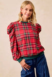 BiBi Christmas Plaid Exaggerated Shoulder Sleeves Top - Trendsi - Flyclothing LLC