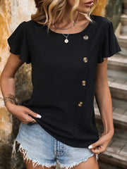 Decorative Button Round Neck Short Sleeve Blouse - Trendsi