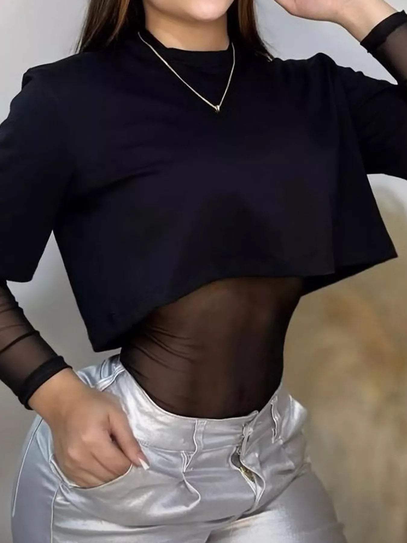 Sheer Mesh Long Sleeve Bodysuit - Trendsi - Flyclothing LLC