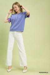 Umgee Puff Sleeve Button Front Top with Contrast Trim - Trendsi - Flyclothing LLC