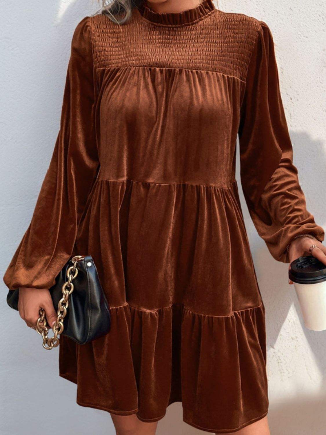 Perfee Tiered Ruched Mock Neck Long Sleeve Dress - Trendsi - Flyclothing LLC